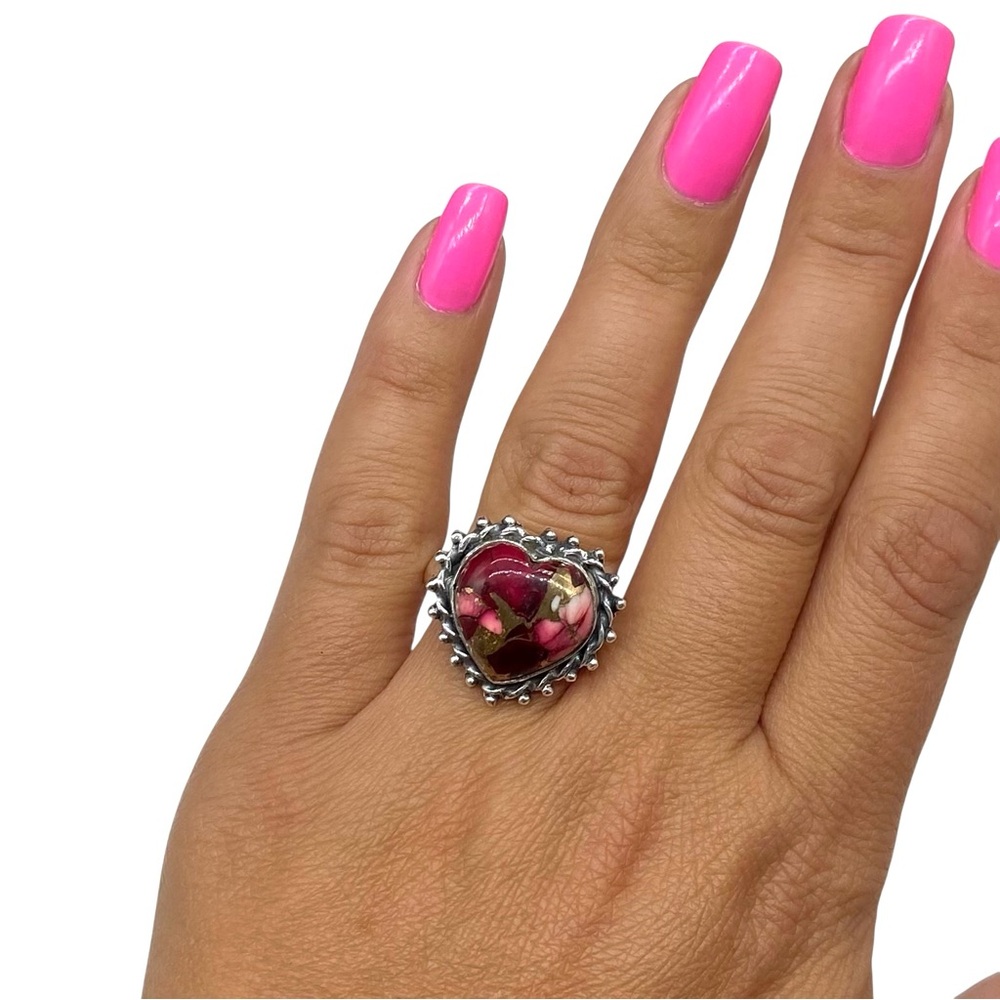 Red Rose Dahlia Kingman Turquoise Heart Ring Size 10 Solid 925 Sterling Silver - Picture 2 of 7